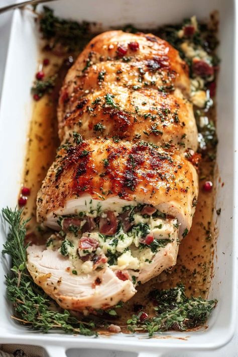 Best Christmas Stuffed Turkey Breast Turkey Wrapped Stuffing, Stuffed Turkey Roulade, Stuffed Chicken Breast Christmas, Xmas Main Dish Ideas, Turkey Breast Roll Recipes, Turkey Breast Christmas Dinner, Turkey Breast For Thanksgiving, Turkey For Christmas Dinner, Thanksgiving Stuffed Turkey Recipes