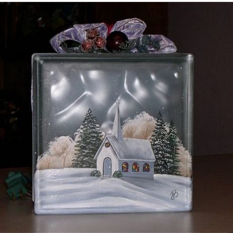 Glass Block Crafts Diy, Painted Glass Blocks, Christmas Glass Blocks, Yule Tide, Glass Block Crafts, Lighted Glass Blocks, Slate Green, Diy Christmas Lights, Wood Craft Patterns