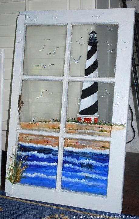 Lighthouse View- Hand Painted Window by Beyond the Cork. Contact sandshara@msn.com for pricing. Painting Glass Windows, Painted Window Panes, Windows Style, Window Pane Art, Lighthouse Crafts, Painting On Glass Windows, Old Window Projects, Painted Windows, Lighthouse Decor