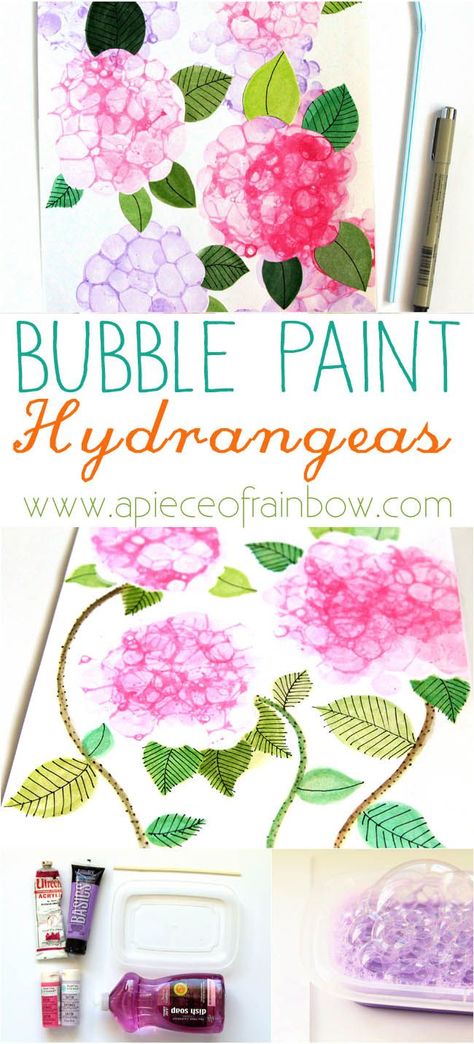 So Easy and Fun!! Make Bubble Paint Flower Hydrangeas + Bubble Paint Recipe!   - A Piece Of Rainbow Paint Hydrangeas, Bubble Paint, Paint Recipe, Bubble Painting, Virtual Learning, Art Activities For Kids, Painting Flowers, Spring Art, Camping Art