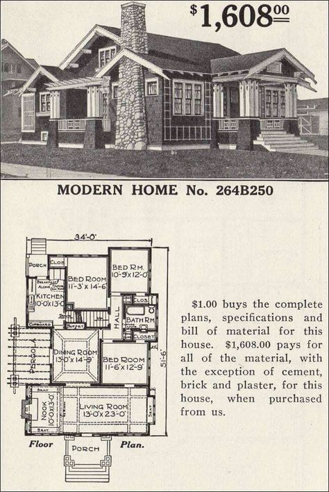 Modern Home No. 264B250 - 1916 Sears Roebuck Modern Homes Retirement Cottage, Classic Houses, Sears Catalog Homes, Flat Pack Homes, Craftsman Style Bungalow, Beamed Ceilings, Craftsman Homes, Dream Cabin, Vintage Homes