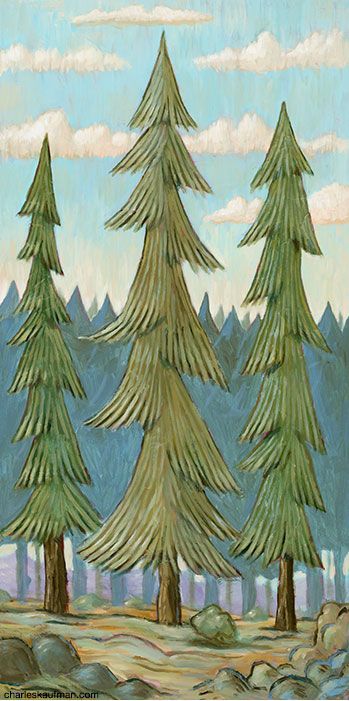 "Trees in the Forest". Painting by Charles Kaufman. #trees #forest #oregon #nature #mountains #fir #pine #wood #lumber #environment Forest Oregon, Trees In The Forest, Oregon Nature, Wood Lumber, Setting The Table, Trees Forest, Nature Mountains, Forest Painting, American Folk Art