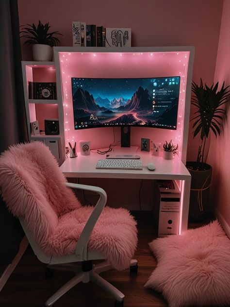 Small Game Setup, Pink Cozy Gaming Setup, Pc Setup Aesthetic Minimalist, Desk Setup Aesthetic Pink, Cozy Gaming Room Ideas Aesthetic, Vanity And Gaming Setup, Pc Gaming Setup Bedroom, Girly Gamer Setup, Female Gaming Setup