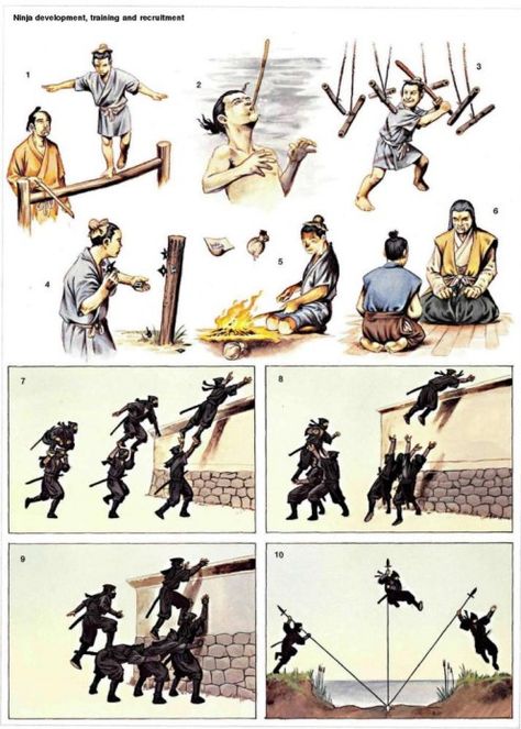 Ninja training illustrated. Click to enlarge. Ninjutsu Training, Ninja Training, Trening Sztuk Walki, Arte Ninja, Self Defense Martial Arts, Ninja Art, Martial Arts Techniques, Anime Ninja, Martial Arts Styles