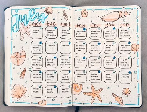 July, Summer, Beachy, Seashell, Coral Pink, Blue, Seaside, Ocean, Beach, Theme, Bullet Journal, Bujo Bullet Journal Vacation, Bullet Journal Topics, Bullet Journal Calendrier, March Bullet Journal, Bullet Journal Month, Summer Journal, Bullet Journal Monthly Spread, Bullet Journal Ideas Templates, Bullet Journal Tracker