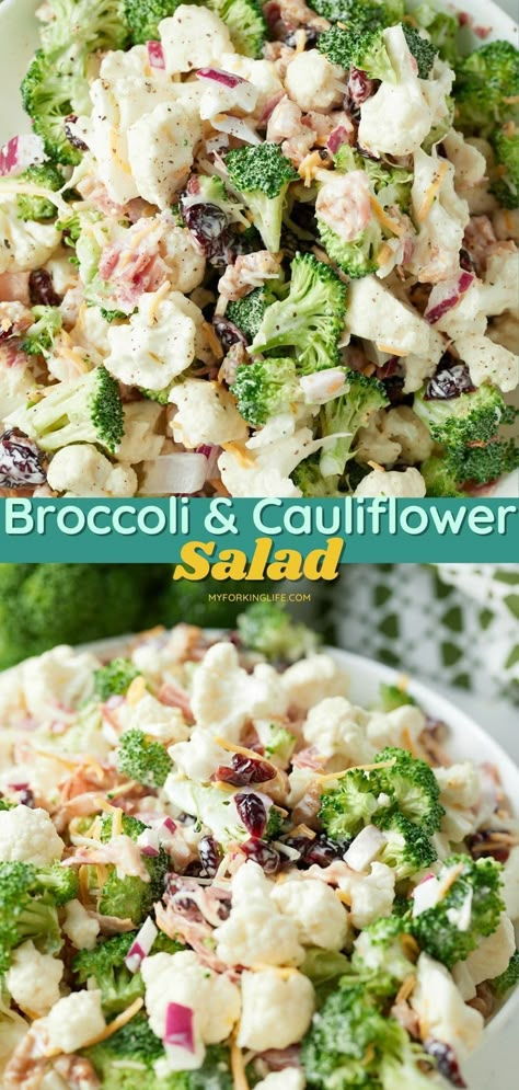 Creamy and delicious, this broccoli cauliflower salad is loaded with flavors and textures. Raw broccoli and cauliflower florets are combined with walnuts, cranberries, bacon and cheese before being tossed in a creamy slaw dressing. Simple and easy to make, this flavorful side is perfect for any meal. Brocolli Cauliflower Salad, Elegant Christmas Dinner, Cranberry Salad Recipes, Salad With Cranberries, Cold Salad Recipes, Christmas Salad Recipes, Broccoli Cauliflower Salad, Broccoli And Cauliflower, Fall Salad