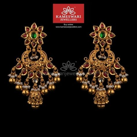 Kundan Chandbali, Kameswari Jewellers, Buy Earrings Online, Gold Jhumka Earrings, Gold Pearl Jewelry, Black Stud Earrings, Chandbali Earrings, Traditional Earrings, Buy Earrings