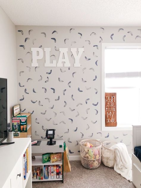 Paint Stamps For Walls, Accent Wall Playroom, Playroom Accent Wall Ideas, Playroom Accent Wall, Stamped Wall, Wall Stamp, Playroom/guest Room, Playroom Design Ideas, Playroom Diy