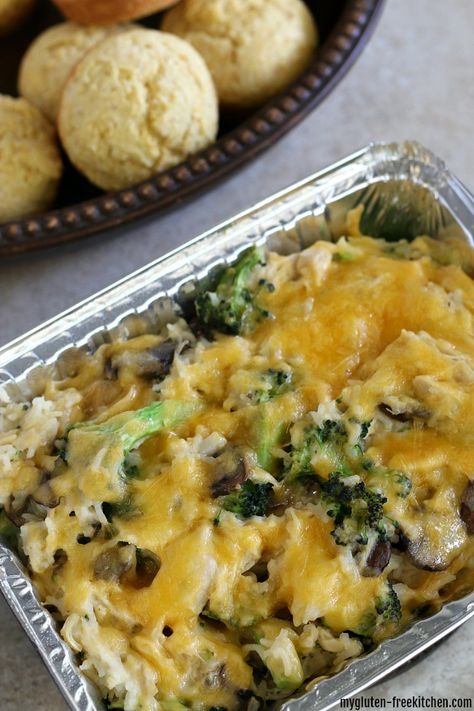 Gluten Free Chicken Casserole, Gluten Free Freezer Meals, Gluten Free Casserole, Chicken Freezer Meals, Chicken Broccoli Rice Casserole, Freezer Dinners, Chicken Broccoli Rice, Gluten Free Cornbread, Freezable Meals