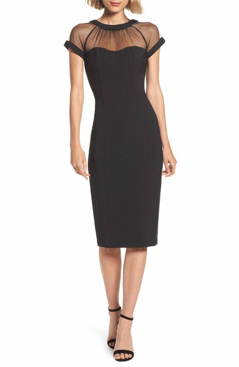 Main Image - Maggy London Illusion Yoke Crepe Sheath Dress (Regular & Petite) Mesh Cocktail Dress, Wedding Party Outfits, Guest Attire, Cocktail Attire, Illusion Dress, Maggy London, Dress The Population, Cocktail Dress Lace, Guest Outfit