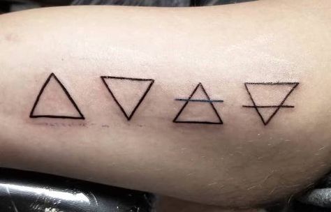 Earth, Air, Fire and Water four elements tattoo by @bunny.lucrest- Wicca symbol tattoos Witch Word Tattoo, Subtle Witch Tattoo, Meta Aesthetic, Witchy Tattoos Simple, Minimalist Witch Tattoo, Magic Tattoo Witches, Small Witch Tattoo Ideas, Simple Witchy Tattoos, Pagan Tattoo Ideas