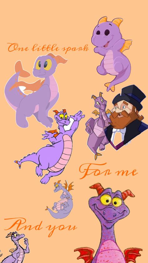 The beloved purple dragon mascot of disneys Epcot appears many times around the words “one little spark for me and you” as well as a man called dream finder who is a man with a blue suit, read beard and a top hat. Figment Wallpaper, I Hope, Art