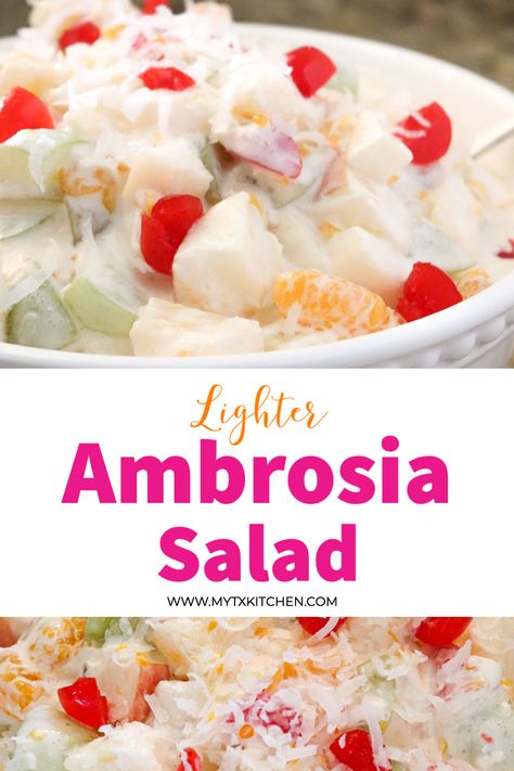 Healthy Ambrosia Fruit Salad, Holiday Entrees, Ambrosia Fruit Salad, Texas Kitchen, Low Fat Desserts, Keto Fruit, Fruit Salad Easy, Yogurt Dressing, Homemade Mayonnaise