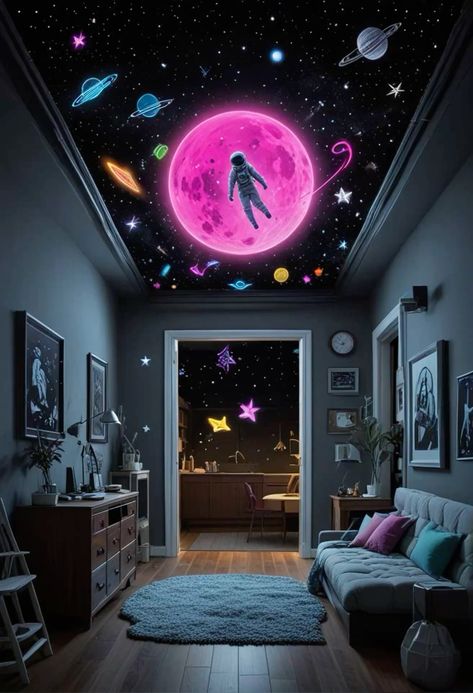 Trippy Neon plant room  #bizarre #spacetoon #bedroom #moon #stars #galaxy #living Space Room Aesthetic, Plant Room, Space Room, Moon Stars, Room Aesthetic, Neon, Moon, Stars, Bedroom