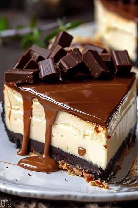 Chocolate Caramel Twix Cheesecake Recipe Twix Cheesecake Recipe, Twix Cheesecake, Creamy Chocolate Cheesecake, Twix Bars, Vanilla Whipped Cream, Caramel Topping, Pastry Desserts, Chocolate Filling, Creamy Chocolate