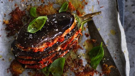 Get stuffed! Muhammara-haloumi eggplant and marzipan-caramel apples Stack Recipes, Vegan Lebanese, Best Eggplant Recipe, Muhammara Recipe, Haloumi Recipes, Haloumi Cheese, Lebanese Restaurant, Vegetarian Main Dish, Stuffed Eggplant