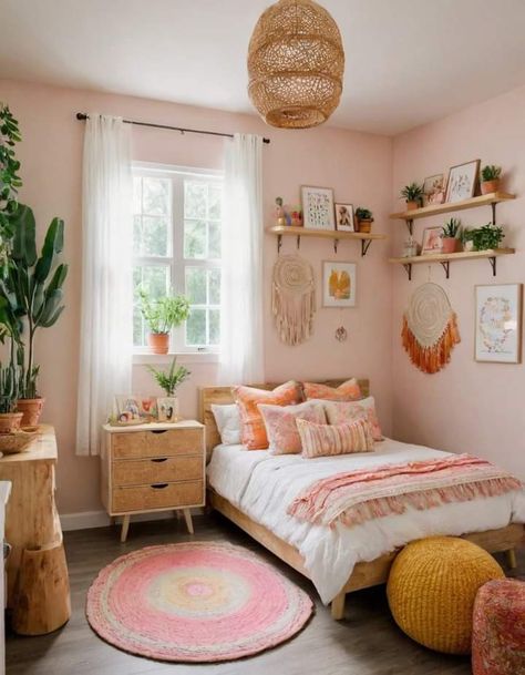 Pink Shiplap Wall, Retro Girls Bedroom, Boho Pink Room, Girls Boho Bedroom Ideas, Single Woman Bedroom Ideas, Girly Bedroom Aesthetic, Pink And Yellow Bedroom, Bedroom Decor Colorful, Maximalist Bedroom Ideas