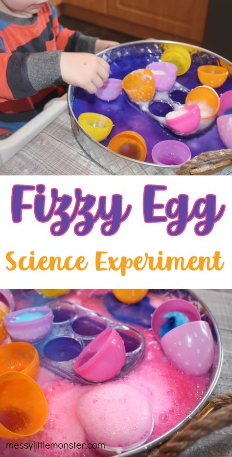 Fizzy plastic Easter eggs baking soda and vinegar reaction. Easy science experiments for kids. Easter Egg Science Experiment, Easter Science Activities For Kids, Plastic Easter Egg Activities Preschool, Fizzy Eggs Baking Soda, Egg Experiments For Preschool, Plastic Easter Egg Activities, Fizzy Easter Eggs, Easter Experiments For Preschoolers, Easter Experiments For Kids