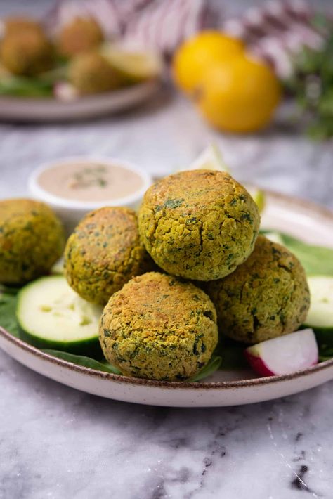 Spinach Falafel, Split Pea Falafel, Falafel Recipe Using Canned Chickpeas, Canned Chickpea Falafel, Green Lentil Falafel, Lemon Tahini Sauce, Blender Recipes, Vegan Appetizers, Tasty Bites