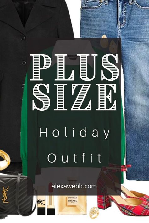 Plus Size Plaid Holiday Outfits -Part 2 - A plus size holiday outfit for parties and dinners with demi boot jeans, green sweater, and plaid heels. Alexa Webb Plus Size Outfits Christmas, Plus Size Winter Photo Outfits, Easy Holiday Outfits, Plus Size Christmas Photoshoot, Plus Size Casual Winter Outfits, Plus Size Holiday Outfits Christmas, Plus Size Christmas Outfit Party Casual, Plus Size Christmas Outfit Party, Plus Size Holiday Party Outfit