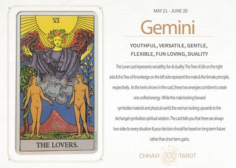 Lover Card Tarot, Gemini Tarot Card Tattoo, The Lover Tarot, Gemini Tarot Card, Tarot Cards Decks Beautiful, Gemini Tarot, The Tree Of Knowledge, Birth Signs, Curse Spells