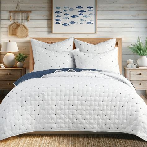 The Embroidered Swiss Dot Reversible Quilt Set by Levtex Home is inspired by stitching techniques. Offered in white and navy, this design will immediately transform your bedroom. This reversible quilt features a small navy dot stitch on white on the front, reversing to a small white dot stitch on navy on the back. The Quilt and Shams have a front and back, filled with a cotton-rich filler, and are machine washable. Enjoy this for years to come! White Coverlet, King Quilt Sets, Navy Quilt, Stitching Techniques, Linen Quilt, Euro Sham, Twin Quilt, Coverlet Set, White Quilt