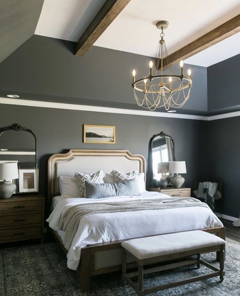 Moody Master Suite, Beams In Tray Ceiling, Vaulted Tray Ceiling, Tray Ceiling Bedroom, Colonial Style Bedroom, Wood Carved Headboard, Moody Master, Brown Accent Wall, Beams Living Room