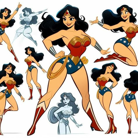 Superhero Female Pose, Striper Poses Draw, Dc Wonder Woman Art, Superhero Poses Female, Diverse Character Design, Cartoon Body Female Character Design, Female Superhero Design, Female Superhero Poses, Wonder Woman Concept