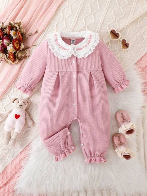 Infant Girls' Cute And Sweet Jumpsuit For Spring | SHEIN USA Jumpsuit For Baby Girl, Colorblock Shirt, Newborn Baby Photos, Baby Jumpsuit, Pink Collar, Pink Collars, Spring Baby