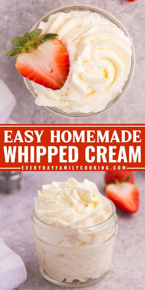 For the perfect homemade whipped cream recipe, chill your bowl in the freezer! It’s the trick to fluffy, stable, delicious whipped cream every time. Thick Whip Cream Recipe, Whipped Cream From Heavy Cream, Easy Whip Cream Recipe, Quick Whipped Cream, Cheesecake Whipped Cream Topping, Deserts Using Heavy Whipping Cream, French Whipped Cream, How To Make Homemade Cool Whip, Make Whipped Cream With Heavy Cream