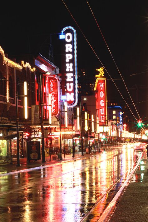 Granville Street (Vancouver, BC) by michelleyanphotography Vancouver Wallpaper, Places Reference, Vancouver Canada Photography, Sunless Sea, Vancouver Photos, Neon Vintage, Granville Street, Street At Night, City Lights At Night