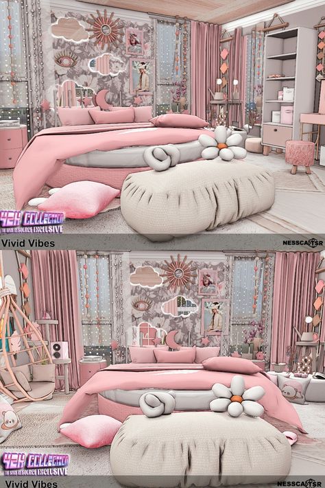 ROOM with CC ▶️ Vivid Vibes is a bedroom made especially for the Y2K collection for TSR. ✨Have fun!✅BASE GAME + CC from TSR ✌️Click on the post and download✔️ THX❤️  #ts4builds #sims4 #sims4builds #sims4home #sims4builds #sims4buildsideas #ShowUsYourBuilds #thesims4 #Sims4 #sims4game #ts4 #sims4houses #sims4cc #sims4interior #ts4cc #thesims4 #ts4house #simshousedesign #sims4rooms #simsbuilds #simsbuild #sims4cc #ccfinds #s4 #s4cc Sims 4 Girly Room, Sims 4 Cc Bed Pillows, Sims Furniture Cc Living Room, Sims 4 Circle Bed, Sims 4 Cc Circle Bed, Sims 4 Cc Furniture Anime, Sims 4 Bedroom Furniture, Sims 4 Round Bed, Dollish Sims 4