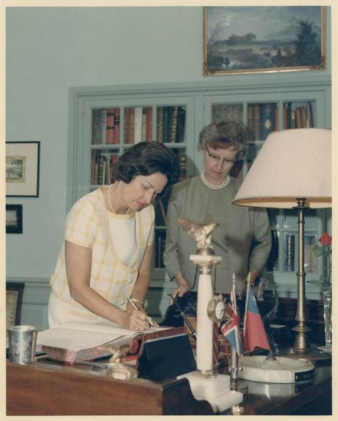 https://flic.kr/p/fca4dq | 66-12(2) | Mrs. Lyndon B. Johnson (Lady Bird) in FDR's private study in the FDR Library. Johnson pictured signing the guest register, with FDR Library Director Elizabeth B. Drewry looking on. July 1, 1965. Marisa Berenson Barry Lyndon, The Presidents Daughter, George Bush Presidential Library, Presidential Libraries, Lady Bird Johnson Wildflower Center, Lady Bird Johnson, Lady Bird