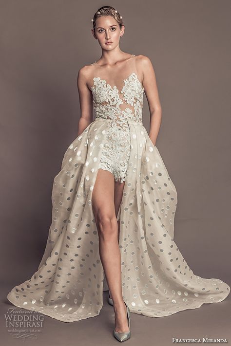 francesca miranda fall 2016 bridal gorgeous sleeveless jeweled sheer neckline lace embroidered bodice high waist short with a  line polka dots overskirt style penelope Romper Wedding Dress, Wedding Rompers, Jumpsuit Wedding Dress, Unconventional Wedding Dress, Wedding Inspirasi, 2016 Wedding, Wedding Dress With Pockets, 2016 Wedding Dresses, Bridal Jumpsuit