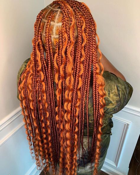 Orange Box Braids With Curly Ends, Mixing Braiding Hair Colors Ginger, Ginger Braids With Curls, Ginger Color Braids, Orange Braids For Black Women, Orange Box Braids, Orange Braids, Ginger Knotless Braids, Large Knotless