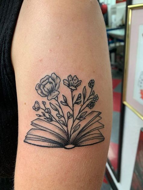 Floral Book Tattoo Design, Book Plant Tattoo, Book Tattoos With Flowers, Book Thigh Tattoo, Book Tattoo Ideas Thigh, Open Book And Flowers Tattoo, Books And Flowers Tattoo Design, Book With Flowers Tattoo, Flowers Coming Out Of Book Tattoo