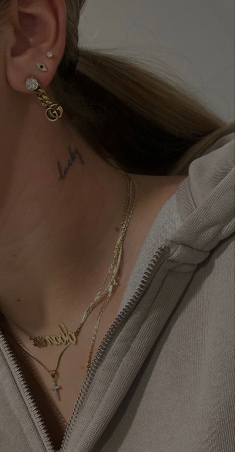 Neck Tattoo Placement Women, Lucky Neck Tattoo, Fine Line Neck Tattoos Women, Neck Word Tattoo, Neck Tats Women, Behind The Ear Tats, Dainty Neck Tattoo, Small Rib Tattoos, Dainty Tattoo