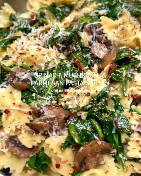 Food Prep Gram on Instagram: "SPINACH, MUSHROOM, & PARMESAN PASTA SKILLET by @sara.haven

12 ounces farfalle (bow tie) pasta • 2-3 tbsp olive oil • 3 cloves garlic • 12-16 ounces mushrooms, sliced • 6 cups fresh spinach • 1/2 cup chicken of vegetable broth • 1 tsp Italian seasoning • 1/2 cup parmesan of pecorino cheese, grated • 1 tsp red pepper flakes • salt and pepper to taste •

 1) cook pasta until al dente, drain and set aside
2) heat 2 tbsp olive oil in large skillet. add mushrooms and sauté about 3 minutes • add garlic and cook another 1-2 minutes; stir in some of the broth (you may not need it all) to deglaze the pan. remove to a plate and set aside
3) in same skillet, add spinach and cook until wilted. add salt and pepper to taste. remove to another plate and set aside
4) add past Sara Haven, Mushroom Parmesan, Spinach Mushroom Pasta, Pasta Skillet, Bow Tie Pasta, Skillet Pasta, Spinach Mushroom, Pasta Party, Pasta Side Dishes