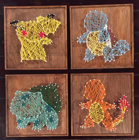 DIY string art Pokemon Pokemon Gifts Diy, Pokemon Diy Gifts, Pokemon String Art, Pokémon Bedroom Ideas, Pokemon Bedroom Ideas, Pokemon Gift Ideas, Pokemon Bedroom, Diy Pokemon, Pokemon Room