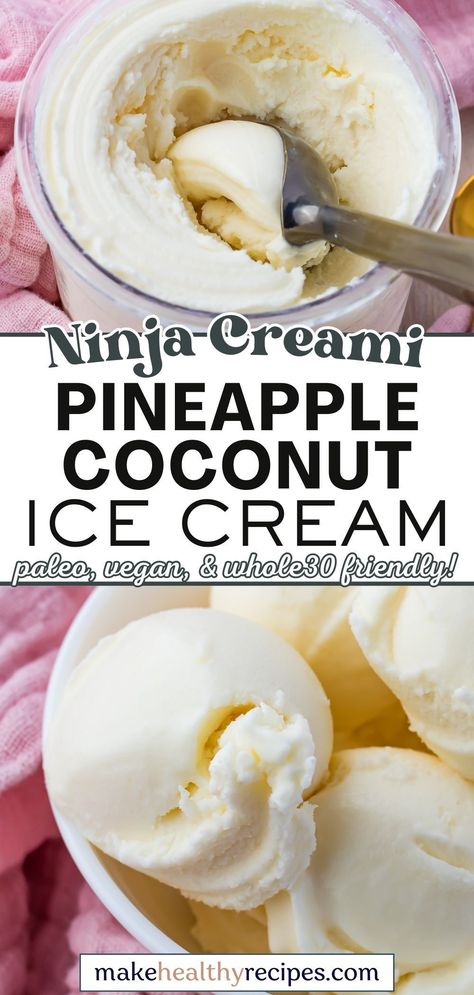 This pineapple coconut ice cream recipe is a game-changer for anyone with a Ninja Creami. The combination of sweet pineapple and creamy coconut milk creates a delicious ice cream that’s not only dairy-free but also incredibly satisfying. Whether you’re looking for a healthy paleo ice cream option or a sweet vegan treat, this ice cream checks all the boxes. Perfect for parties, BBQs, or a quiet night in, this homemade pineapple coconut ice cream is a crowd-pleaser! Creamy Coconut Ice Cream, Homemade Pineapple Soft Serve Ice Cream, Ice Cream Vitamix Recipe, Creami Recipes Dairy Free, Ninja Creami Paleo Recipes, Coconut Ice Cream Ninja Creami, Paleo Ninja Creami Recipes, Ninja Creami Coconut Milk, Coconut Cream Ice Cream Recipe