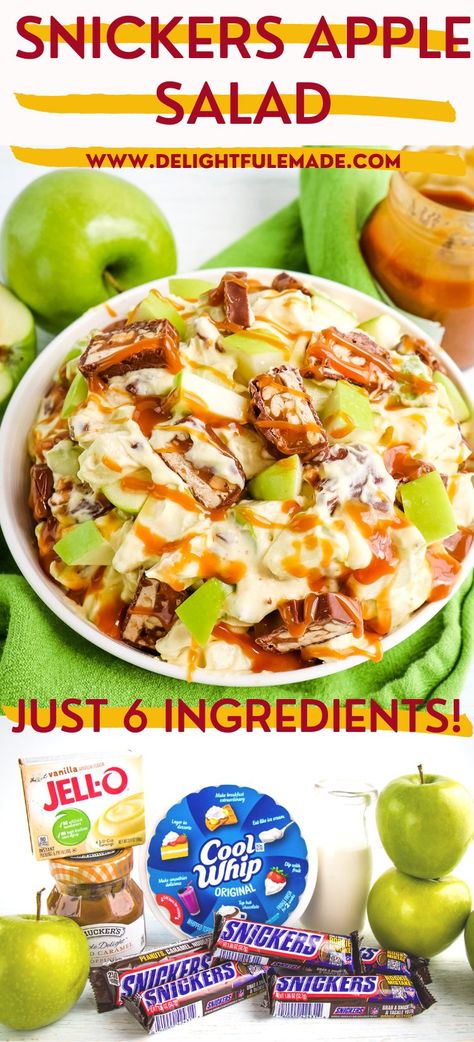 The BEST Snickers Apple Salad Recipe {Just 6 Ingredients!} Twix Salad Apple, Carmel Apple Snickers Salad, Twix Apple Salad, Snickers Fruit Salad, Snickers Apple Salad With Cream Cheese, Candy Apple Salad, Snickers Apple Salad Recipe, No Cook Side Dishes, Apple Snicker Salad Recipe