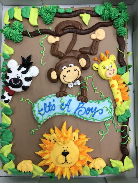 Jungle cake Simple Jungle Theme Cake Without Fondant, Safari Sheet Cake, Jungle Theme Cake Without Fondant, Zoo Cake Ideas, Baby Shower Food For Boy, Jungle Themed Cake, Cakes Without Fondant, Baby Shower Sheet Cakes, Safari Baby Shower Cake