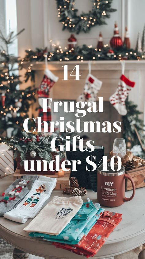 Festive Christmas scene with stockings on a mantel, a wreath, and a table displaying socks, fabric, and a mug. Text reads "14 Frugal Christmas Gifts under $40." Gifts When You Have No Money, Gifts Under $10, Frugal Gift Ideas, Frugal Christmas Gifts, Fake Gifts, Gift Ideas For Christmas, Frugal Christmas, Frugal Girls, Am I Wrong