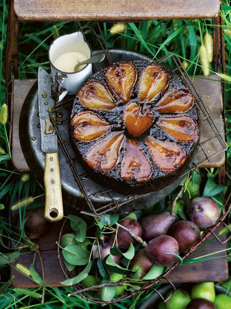 Upside Down Chocolate Hazelnut And Pear Cake | Donna Hay Roasted Pears Recipes, Pear And Chocolate Cake, Poached Pears Recipe, Pear Upside Down Cake, Donna Hay Recipes, Roasted Pear, Pear Cake, Donna Hay, Poached Pears