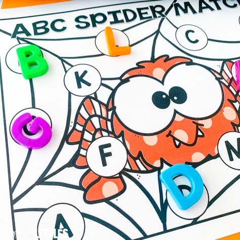 Halloween Phonics Activities Preschool, Spider Crafts For Kindergarten, Spider And Bats Preschool, Halloween Alphabet Activities Preschool, Spider Letters Preschool, Preschool Spider Activities, Halloween Writing Activities Preschool, Spider Preschool Activities, Spider Counting Preschool