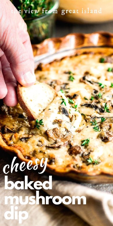 My cheesy baked mushroom dip recipe is an irresistibly silky hot dip with Gruyere cheese and a touch of sherry ~ you'll love it, trust me! #appetizer #dip #bakeddip #cheesedip #hotappetizer #Christmasappetizer #Thanksgivingappetizer #mushrroms #sodiumcitrate Dip Night, Recipes Mushrooms, Mushroom Dip, Baked Dips, Mushroom Appetizers, Awesome Appetizers, Baked Mushrooms, Savory Foods, Hot Appetizers