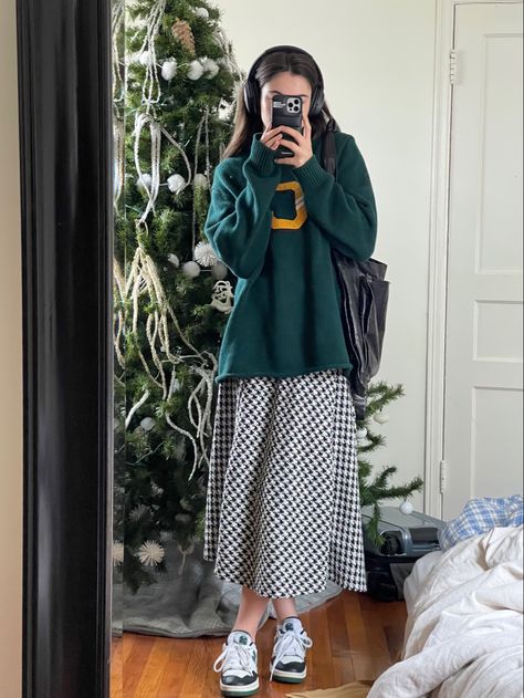 Nike Dunks With Skirt Outfit, Midi Skirt Baggy Shirt, Houndstooth Midi Skirt Outfit, Midi Skirt And Crewneck Outfit, Long Skirt Oversized Sweater, Midi Skirt Oversized Shirt, Oversized Sweater Skirt Outfit, Sweater Midi Skirt Outfit, Big Sweater And Skirt Outfit