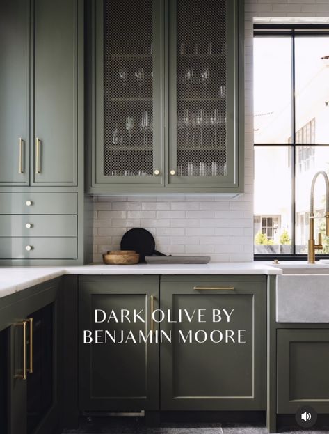 Olive Green Cupboards Kitchen, Dark Green Pantry, Mossy Green Cabinets, Hunter Green Cabinets Kitchens, Benjamin Moore Artichoke, Dark Olive Benjamin Moore Cabinets, Kitchen Cabinet Color Ideas Vintage, Forest Floor Benjamin Moore Kitchen Cabinets, Bm Dark Olive