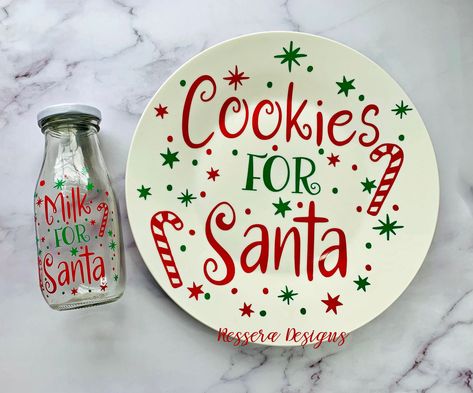 Excited to share this item from my #etsy shop: Santa Plate & Milk bottle Set | cookies for santa plate | santa milk bottle | christmas decor | Merry Christmas | holiday must haves Christmas Plates Vinyl, Santa’s Cookies Plate, Santa Plates With Vinyl, Vinyl Christmas Projects, Santa Plate Ideas, Cricut Christmas Projects To Sell, Santa Cookie Plates, Bottle Christmas Decor, Diy Christmas Plate