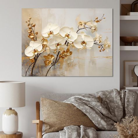 Designart "Minimalism Beige And Gold Orchids " Orchids Wall Art - Bed Bath & Beyond - 39985522 Orchid Wall Art, Gold Orchid, Traditional Wall Art, Picture Frame Designs, Mural Floral, Prints Art, Canvas Designs, Picture Frame Wall, Floral Wall Art